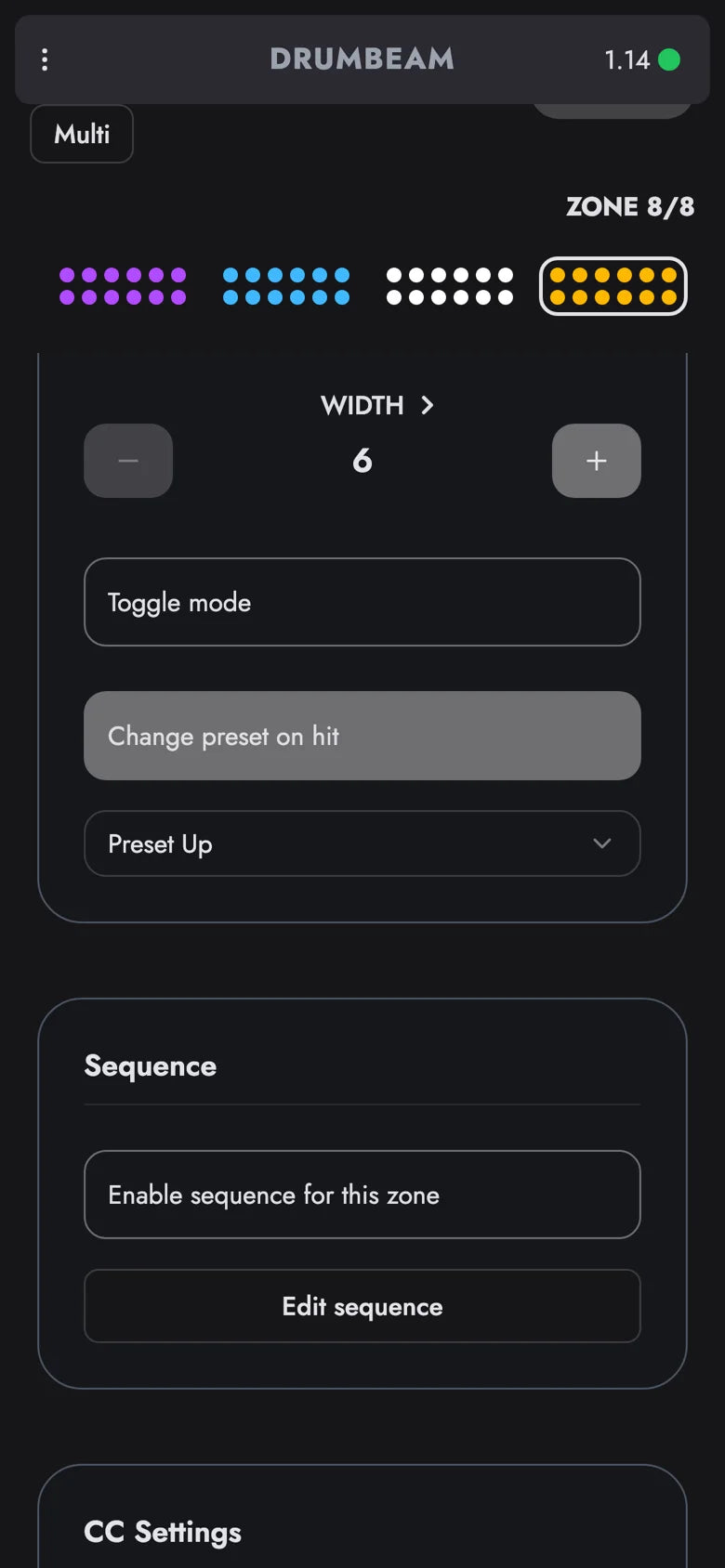 drumbeam App, Zonen-Einstellungen: Change preset on hit eingeschaltet, Preset Up gewählt