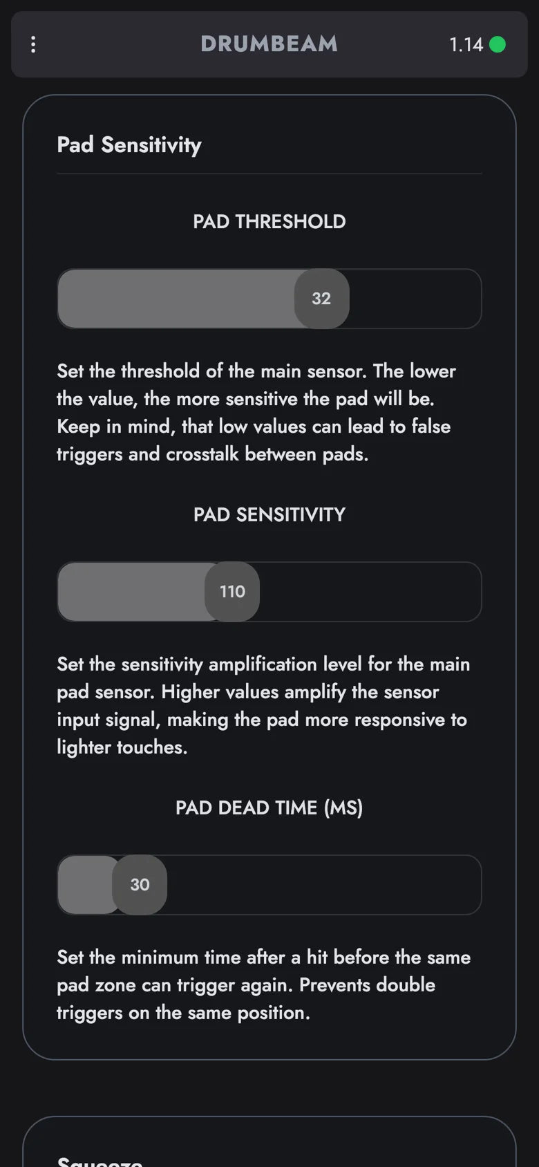 drumbeam App, Sensitivity-Einstellungen mit dem Regler Pad Dead Time bei 30 ms