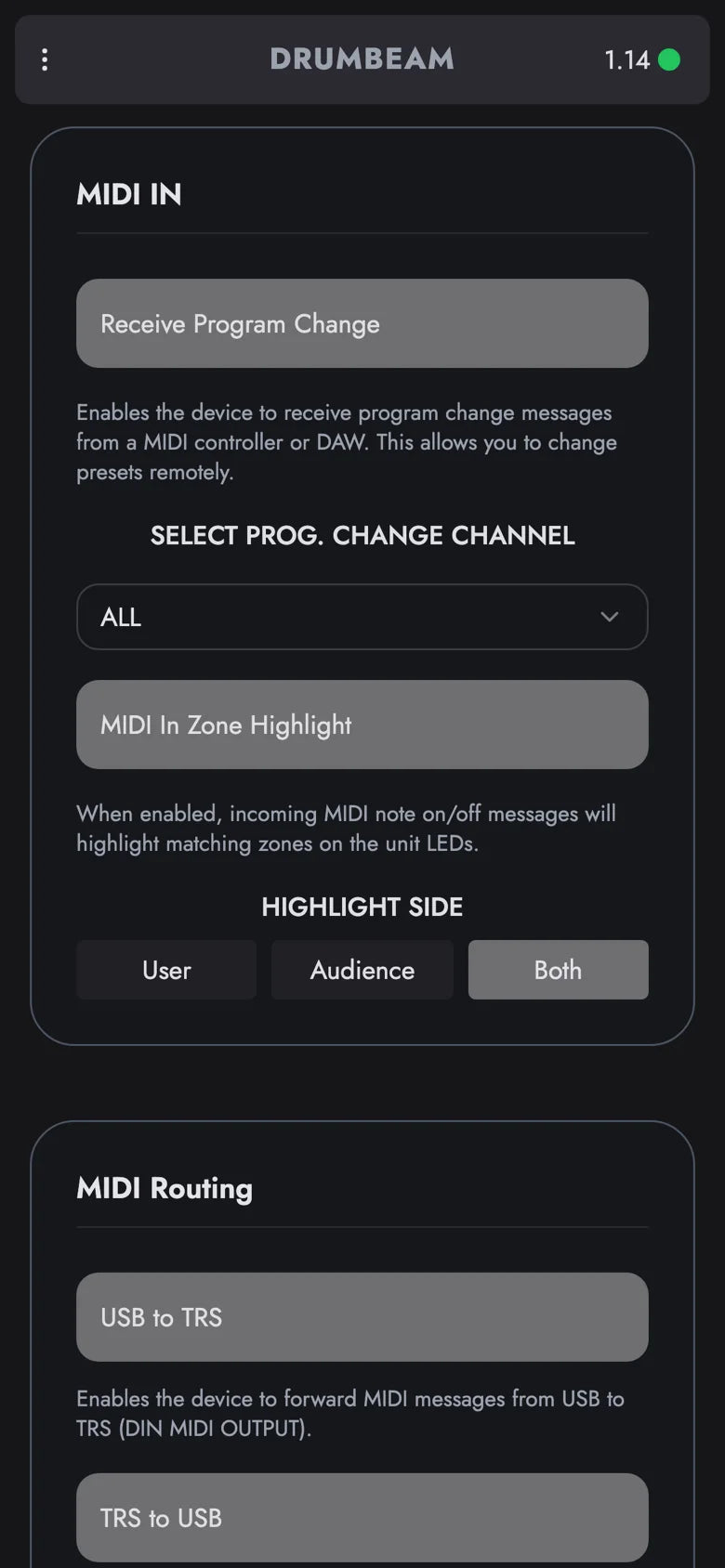 drumbeam App, MIDI-Einstellungen: MIDI In Zone Highlight eingeschaltet, Highlight Side auf Both