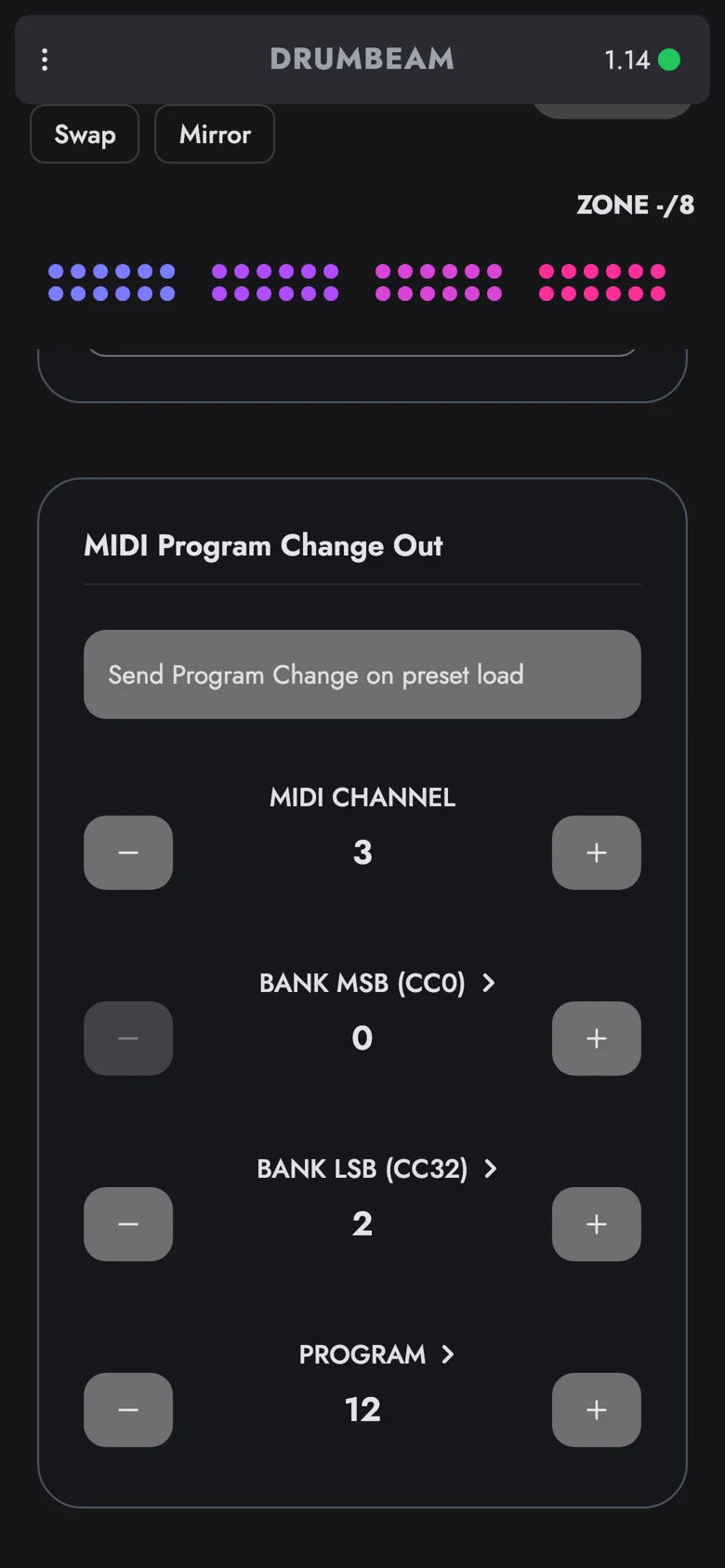 drumbeam App, Preset-Einstellungen: Program Change beim Laden des Presets senden, Kanal 3, Bank LSB 2, Program 12