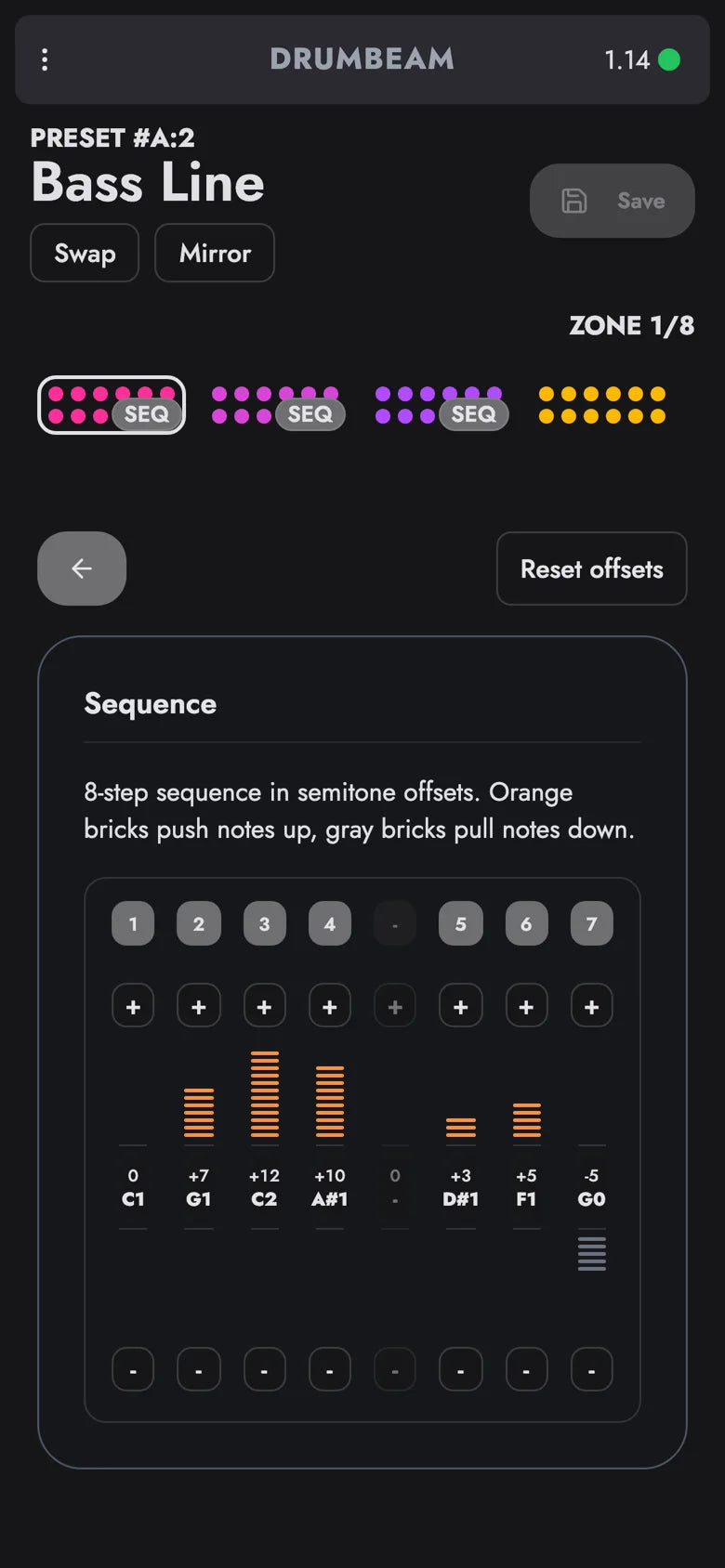 drumbeam App, Sequenz-Editor: acht Schritte mit Halbton-Offsets für das Preset Bass Line, ein Schritt ausgeschaltet