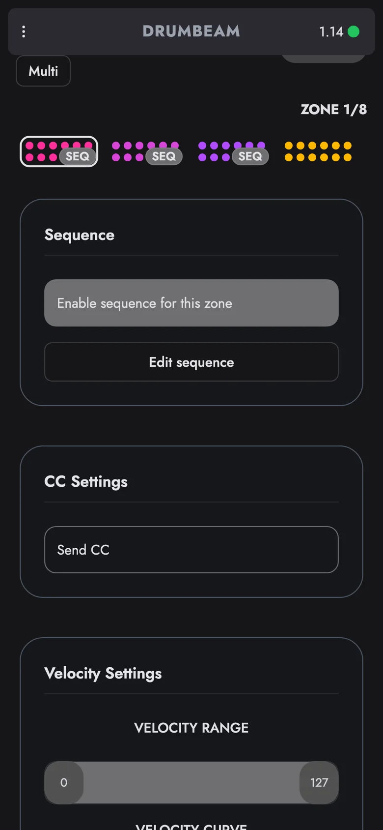 drumbeam App, Zonen-Einstellungen mit der Karte Sequence: Sequenz für diese Zone eingeschaltet, darunter der Button Edit sequence