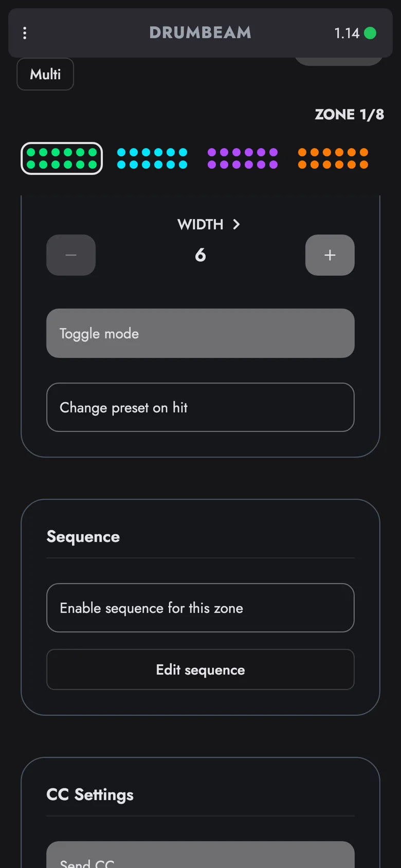 drumbeam App, Zonen-Einstellungen mit eingeschaltetem Toggle mode