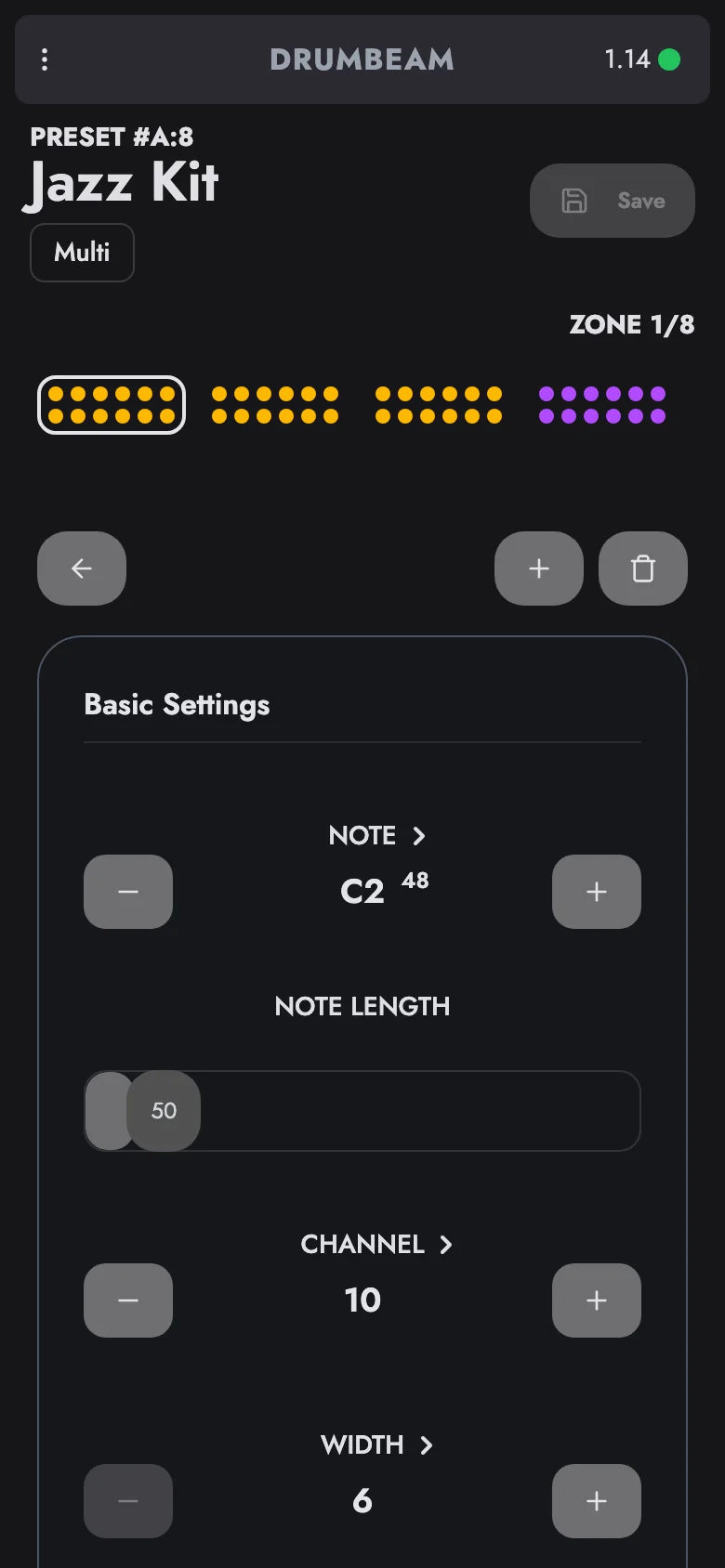 drumbeam App: Multi wählt drei Zonen aus, und eine Farbänderung gilt für alle drei