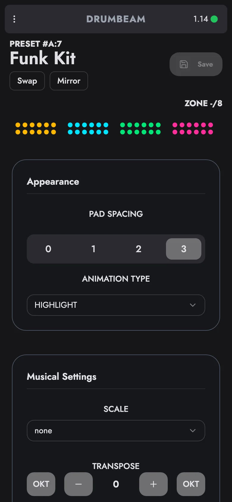 drumbeam App: Swap wird eingeschaltet, dann tauschen zwei angetippte Zonen die Plätze